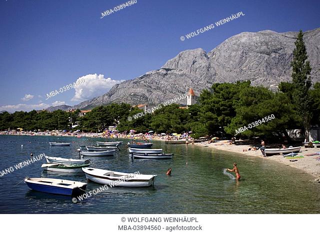 Croatia, Dalmatia, Makarska Riviera, Promajna, beach, swimmers, boats, Europe, destination, coast, beach, Biokovo mountains, place, church, steeple, beach