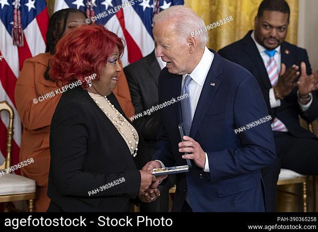 United States President Joe Biden presents the the Presidential Citizens Medal to Georgia poll worker Ruby Freeman during a ceremony marking the the two-year...