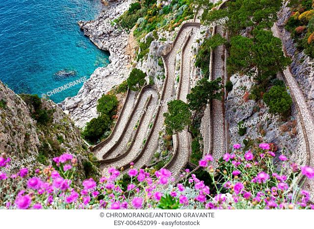 Capri island, famous road Via Krupp on the mountains
