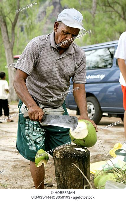Man preparing coconuts into a local drink, Coconut Stall on the public beach, Belle Mare, East Coast, Mauritius