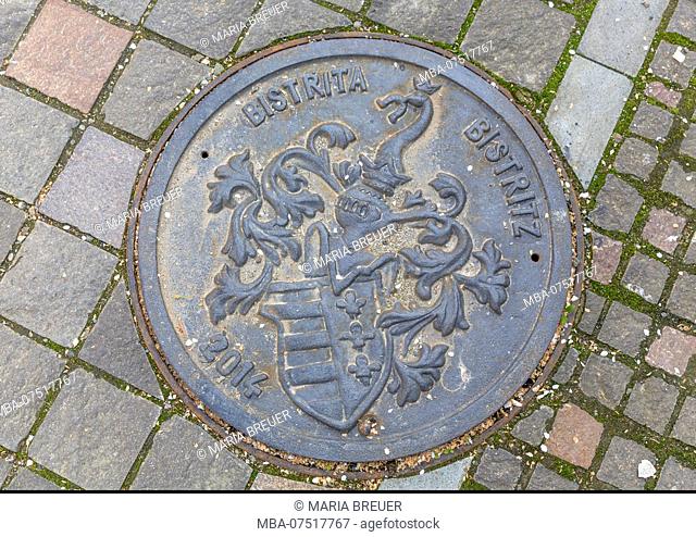 Manhole cover with the coat of arms of Bitritz, 2014, Bistrita, Bistrita, Beszterce, Transylvania, Romania, Europe