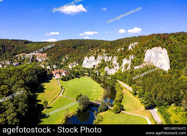 Germany, Baden Wuerttemberg, Swabian Alb, Upper Danube Nature Park, Upper Danube Valley, Aerial view of valley