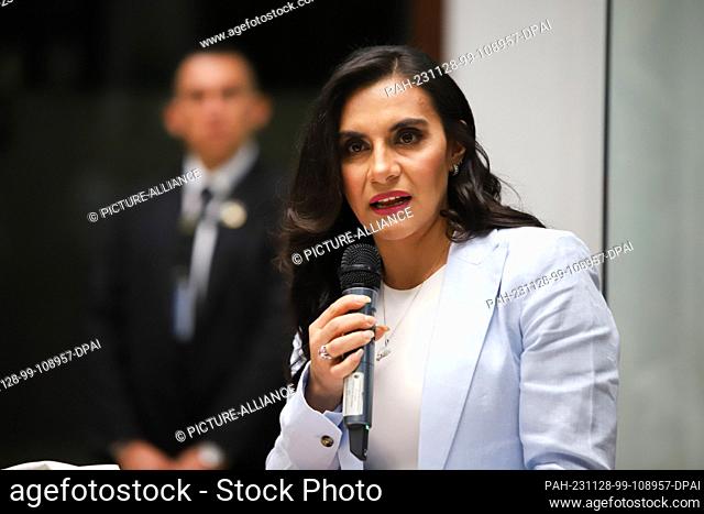 28 November 2023, Ecuador, Quito: Veronica Abad, new Vice President of Ecuador, speaks at a press conference. In the midst of internal tensions
