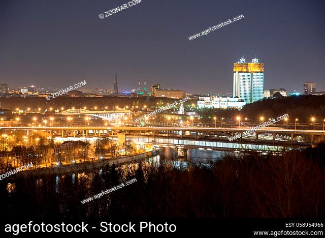 Moscow skyline. Russian academy of sciences at night. Golden Brain. View from the observation platform on the Sparrow Hills. Moscow, Russia