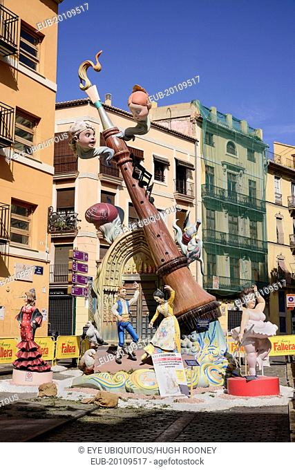Falla scene with Papier Mache figures in the streets of the Carmen district during Las Fallas festival