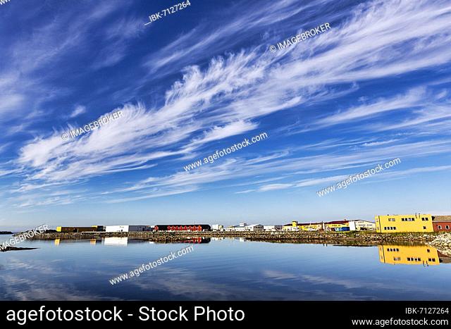 Feathery clouds in the blue sky, Andenes harbour, Andoya Island, Vesteralen, Norwegian Arctic Ocean, Norway, Europe