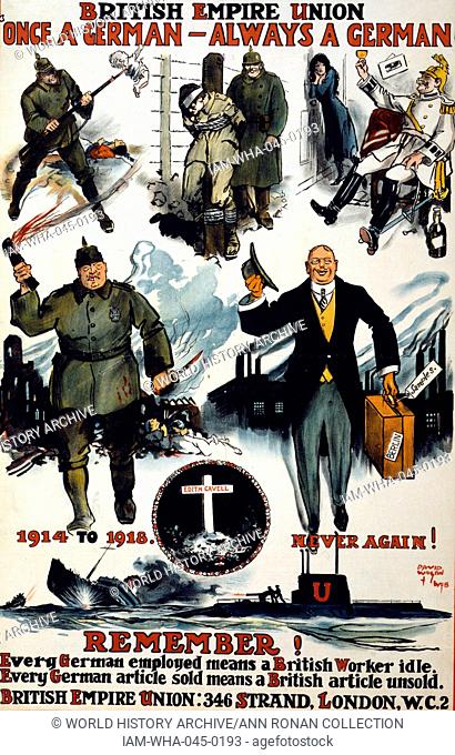 Poster showing caricatures of Germans, including wartime scenes of past violence, cruelty, and drunkenness, and then a charming German businessman of the day