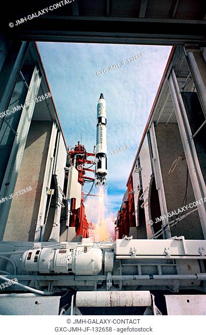The Gemini-11 spacecraft, carrying astronauts Charles Conrad Jr., command pilot, and Richard F. Gordon Jr., pilot, was successfully launched by the National...
