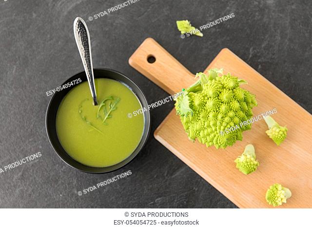 close up of romanesco broccoli cream soup in bowl