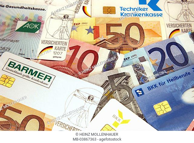 Bills, insurance-cards, health insurance companies, different, no property release, Euro, money bills cash, symbol, insurance, health insurance, health-reform