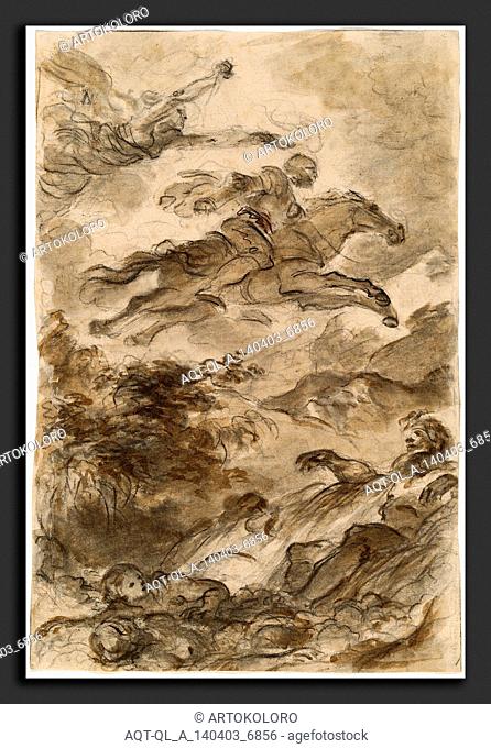 Jean-Honoré Fragonard, Rinaldo, Astride Baiardo, Flies Off in Pursuit of Angelica, French, 1732 - 1806, c. 1795, black chalk with brown wash and touches of pen...