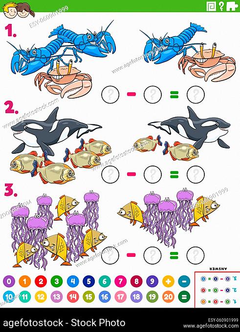 Cartoon illustration of educational mathematical subtraction puzzle task for children with sea life animals characters