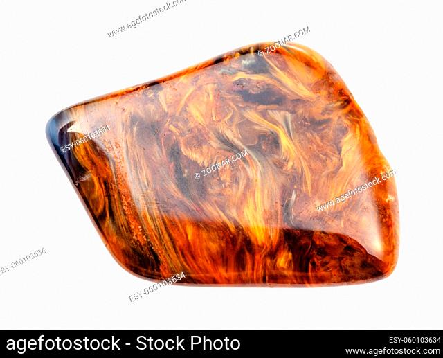 closeup of sample of natural mineral from geological collection - tumbled Pietersite gem stone isolated on white background