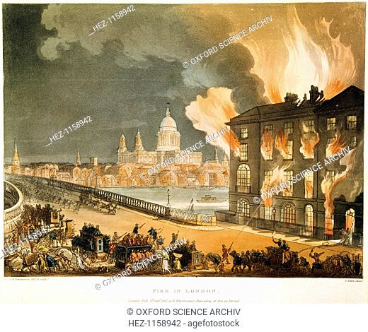 'Fire in London', 1808. Albion Mills, on the south side of Blackfriars Bridge, London, burning, on 3 March 1791, after the mills were set alight by arsonists