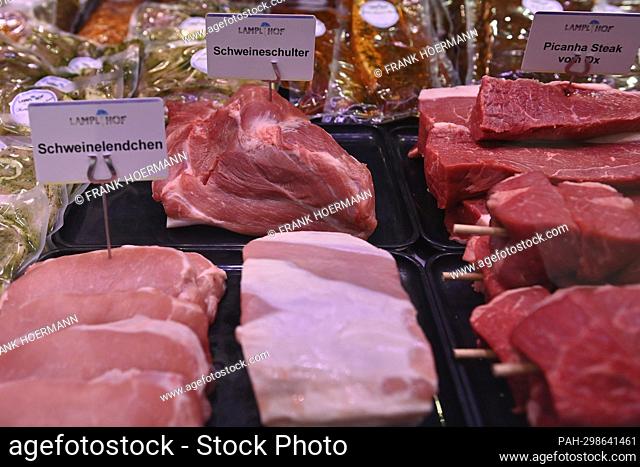 ARCHIVE PHOTO: Meat prices fall again. Pork shoulder, pork loin and ox steaks, ox meat in the meat counter of a court butcher's shop. Fresh meat