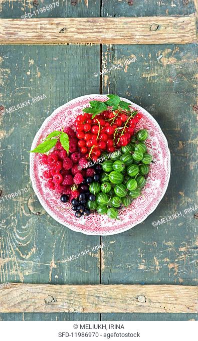 Fresh berries on a pink plate (seen from above)