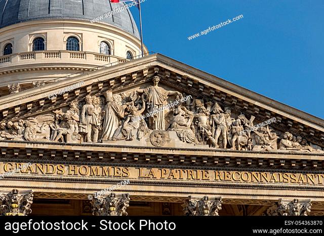 Top of the facade of the pantheon in Paris, France