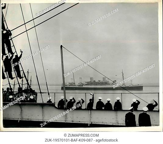Jan. 01, 1957 - Cadets of the training ship Worester wave farewell as sir Anthony Eden Sails off to New Zealand. Photo shows:- The scene on the deck of the...
