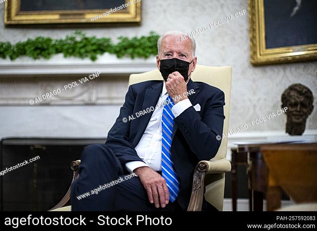 United States President Joe Biden makes remarks to the press as he meets with Prime Minister Boris Johnson of Britain in the Oval Office of the White House in...