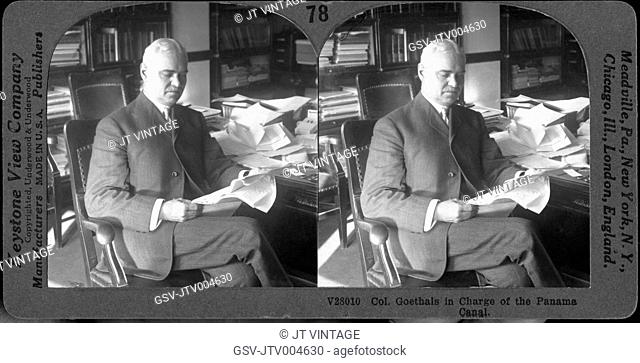 Colonel George W. Goethals Sitting at Desk Reading Documents, Col. Goethals in Charge of the Panama Canal, Stereo Card, Circa 1917
