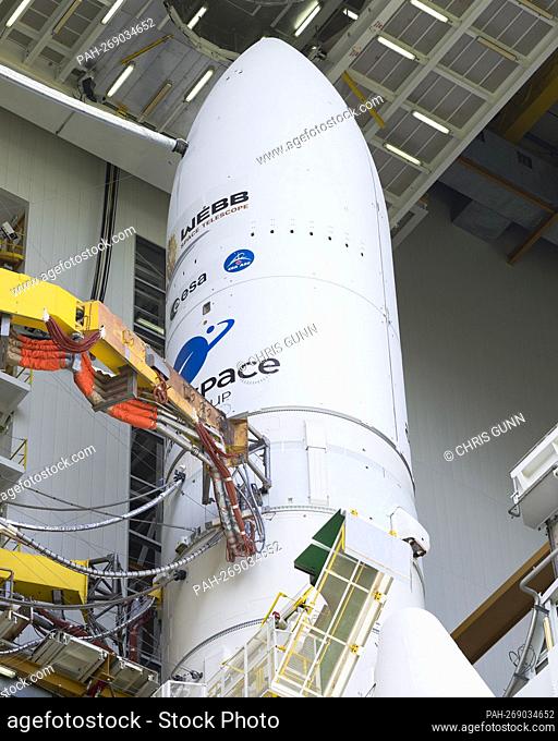 Arianespace's Ariane 5 rocket with NASA’s James Webb Space Telescope onboard, is seen in the final assembly building ahead of the planned roll to the launch pad