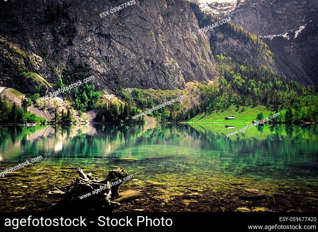 Nature panorama at lake Obersee, near Koenigssee in Berchtesgaden, Bavaria during Spring