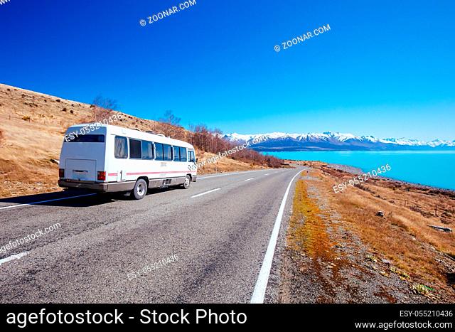 Roads and driving around Lake Pukaki on a clear sunny spring day in New Zealand
