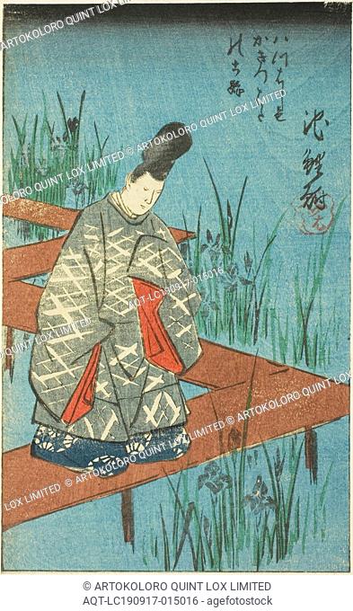 Chiryu: The Old Story of the Irises at Yatsuhashi Bridge (Yatsuhashi no kakitsubata no koji), section of sheet no. 12 from the series Pictures of the...