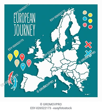 Vintage Hand drawn Europe travel map with pins vector illustration