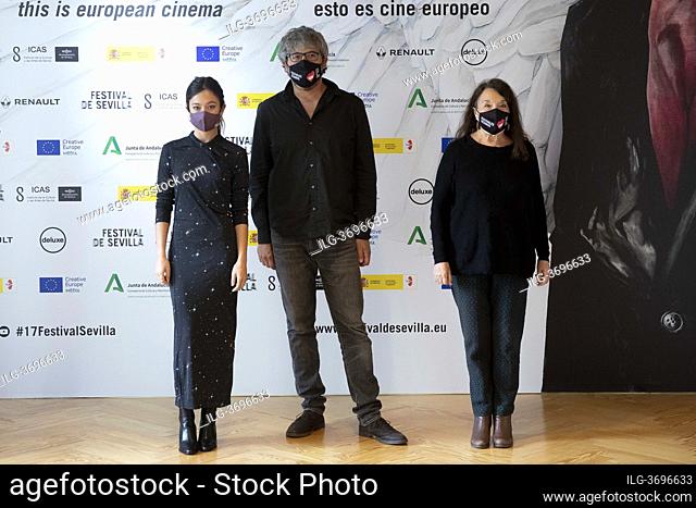 Anna Castillo, David Martin de los Santos and Petra Martinez attends 'La vida era eso' Photocall during 17 Festival de Sevilla at Academia de Cine on November 8