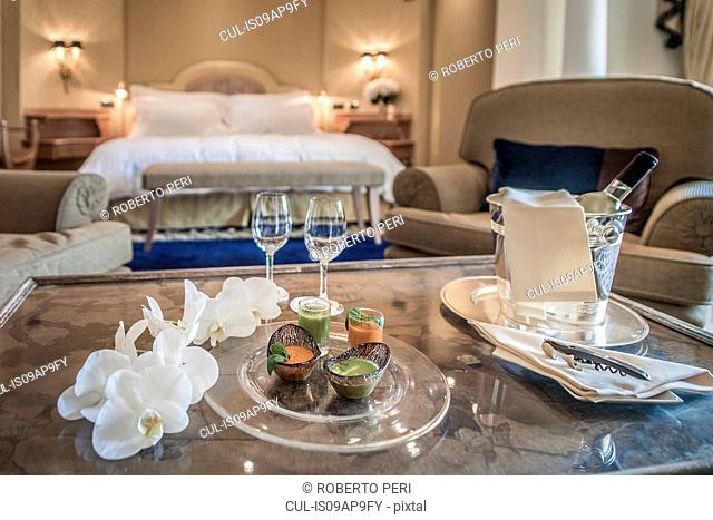 Place setting in luxury hotel room