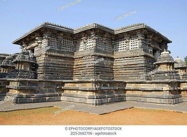 View of stellate form of shrine outer wall at the Hoysaleshwara Temple, Halebid, Karnataka, india. View from North East