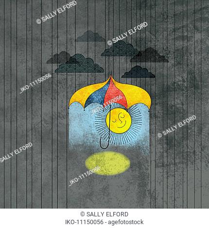 Smiling sun shining below umbrella in overcast stormy sky