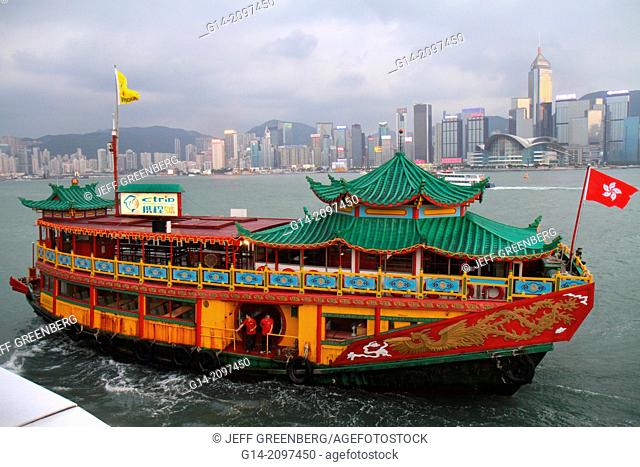 China, Hong Kong, Kowloon, Tsim Sha Tsui, Kowloon Public Pier, view, Victoria Harbour, harbor, Island, city skyline, high rise skyscrapers, buildings, boat