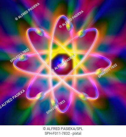 Atomic structure. Conceptual computer artwork representing the structure of an atom. Eight electrons are seen orbiting the central nucleus along definite paths