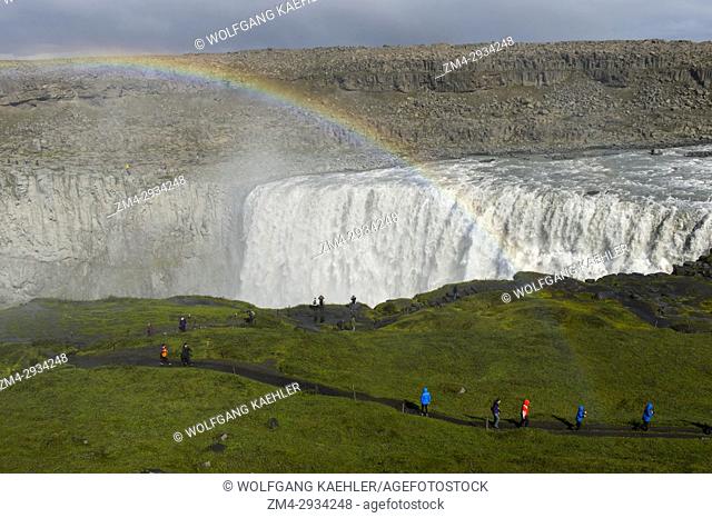 Rainbow at the Dettifoss, a waterfall in Vatnajökull National Park in Northeast Iceland, is one of the most powerful waterfalls in Europe