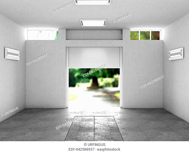 open garage with a view to the street. 3D illustration