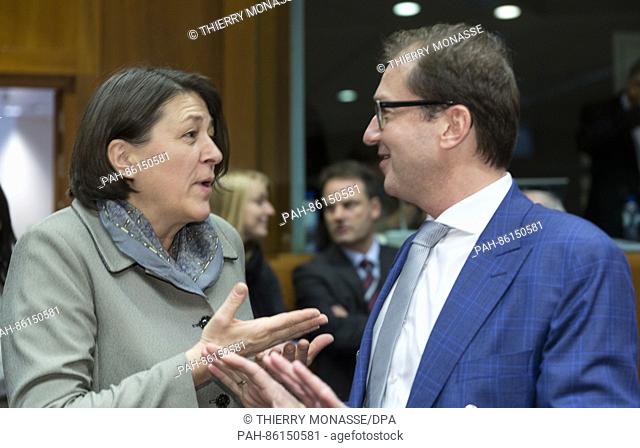 Austrian Minister for Transport, Innovation, and Technology Joerg Leichtfried (R) with the EU Transport Commissioner Violeta Bulc (L) prior an EU transport...