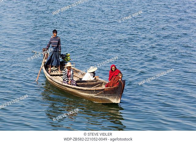 Myanmar, Bagan, Boat Crossing the Ayeyarwady River
