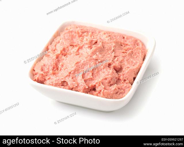 Ceramic bowl of liver pate isolated on white