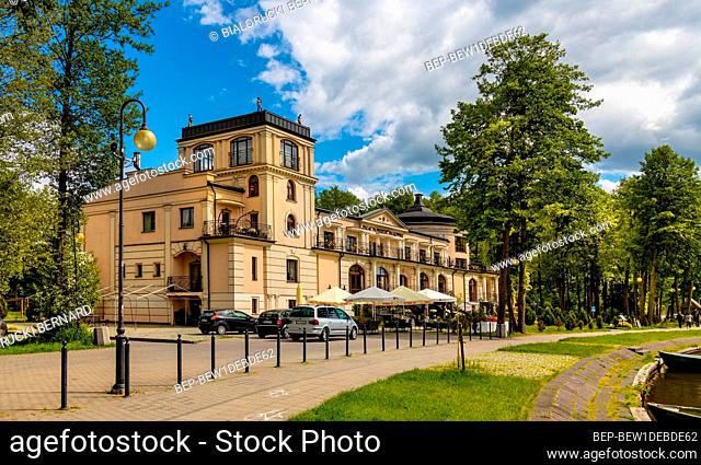 Augustow, Poland - June 1, 2021: Palac na Wodzie - On Water Palace resort on shore of Netta river and Necko lake in Masuria lake district resort town of...