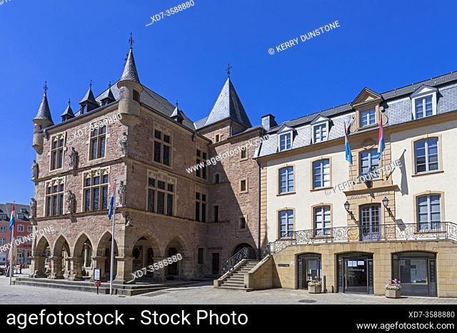 Europe, Luxembourg, Echternach, Denzelt or Dingstuhl (Gothic Courthouse Building) and Hotel de Ville (Town Hall)