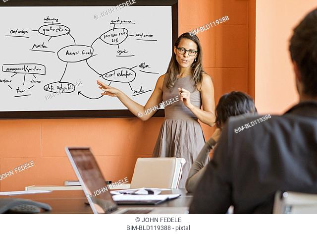 Businesswoman showing diagram to colleagues
