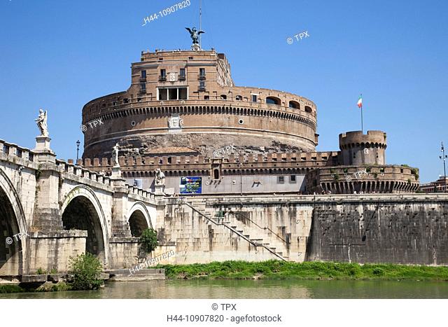 Europe, Italy, Rome, Castel Sant'Angelo, Castel S'Angelo, Saint Angelo Castle, Castle, Sant' Angelo Bridge, Ponte S'Angelo, Bridge, Tiber River, River, Tourism