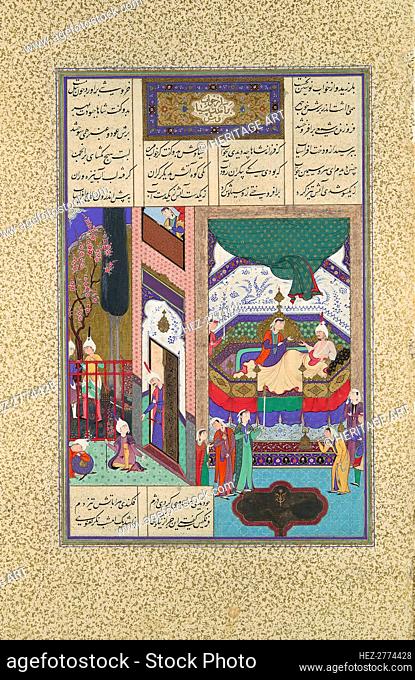 Siyavush Recounts His Nightmare to Farangis, Folio 195r from the Shahnama.., ca. 1525-30. Creator: Qadimi