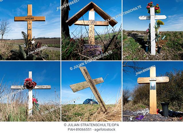 COMBO - Wooden crosses remembering traffic casualties at state roads in Algermissen (top l), Pattensen (top c, bottom l, bottom r) and Sehnde (top r