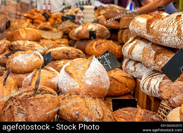 Netherlands. Farm market in Amsterdam. Many types of bread