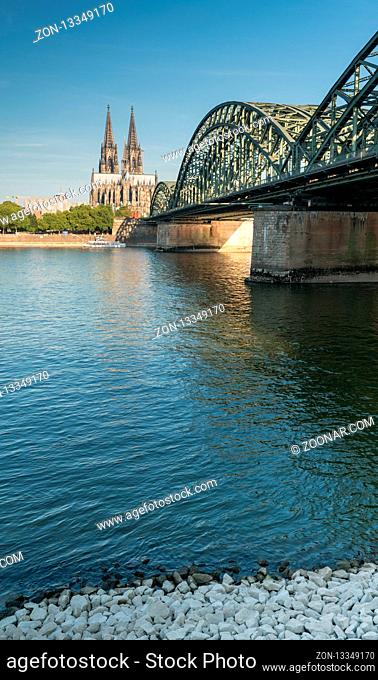 COLOGNE, GERMANY - JULY 18, 2018: Panorama of the city of Cologne with cathedral, Rhine river and Hohenzollern bridge on July 18, 2018 in Germany, Europe