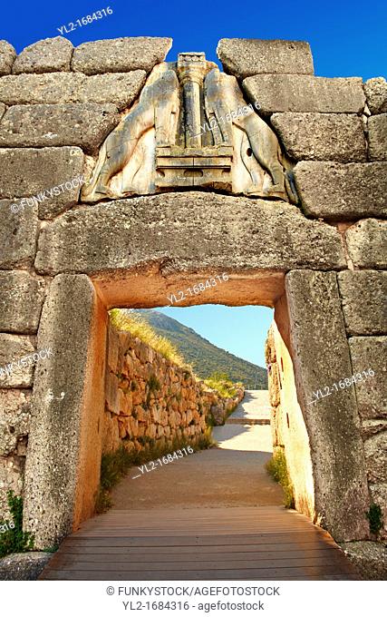 Mycenae Lion Gate & citadel walls built in 1350 B C and known as cyclopean style walls due to the vast size of the blocks it was assumed by visitors in ancientb...