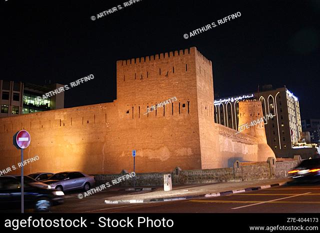 Al Fahidi Fort, night view. Al Bastakiya Historic District. Dubai. United Arab Emirates. Middle East